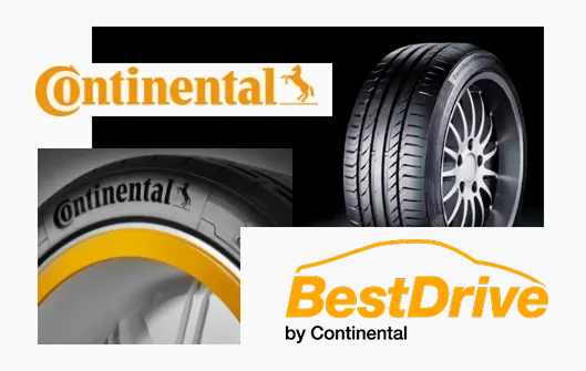 Logotipos de Continental y BestDrive junto a neumáticos de alta gama en Neumáticos Valicar, especialistas en cambio de ruedas y taller mecánico